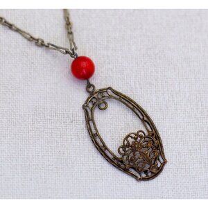 18 inch, Vintage Silver Tone Avant Garde Basket with Red Bead Necklace - L1